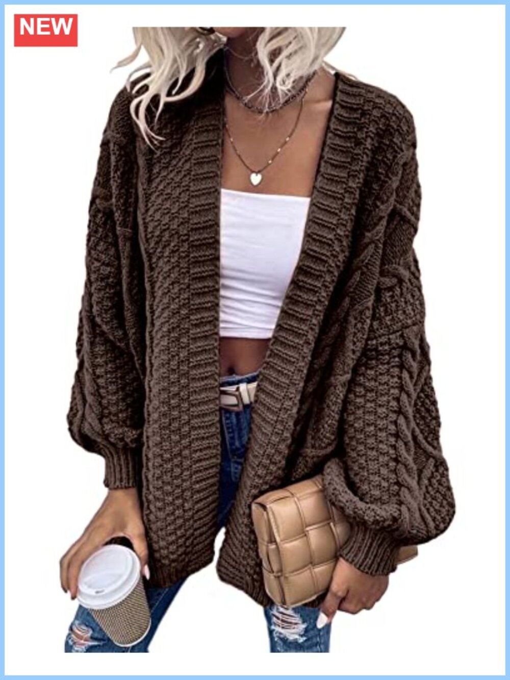 Oversized Cable Knit Lantern Sleeve Cardigan Sweater for Women